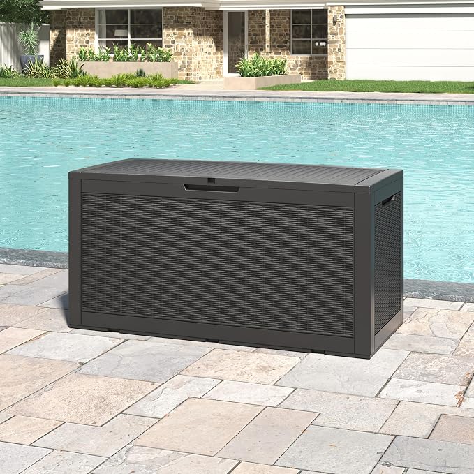 100 Gallon Extra Large Resin Deck Box with Hydraulic Rod ，Outdoor storage box with lockable lid, waterproof material, suitable for patio furniture, pool tools, outdoor equipment, gardening tools