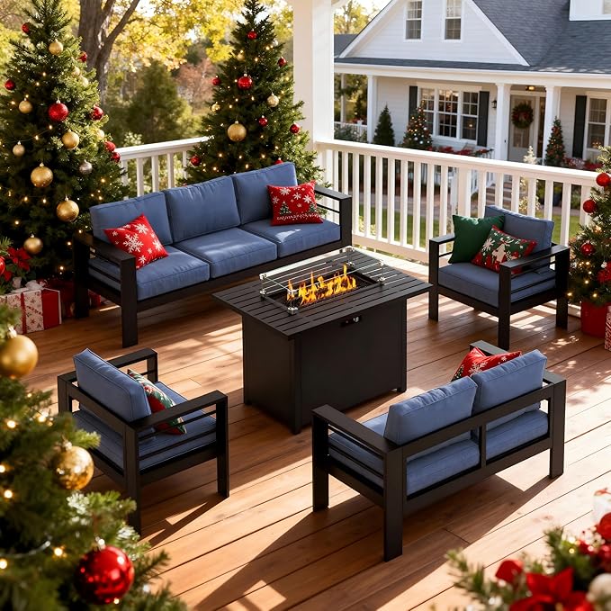 Patio Conversation Sets, Aluminum Outdoor Couch with Propane Fire Pit Table, All-Weather Patio Couch with 5" Thick Soft Cushion and 43'' Firepit Table, Outdoor Sofa Sets for Balcony, Porch, Dark Blue