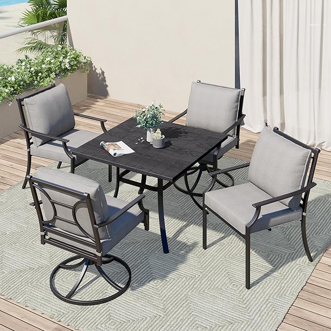 Grand patio Outdoor Patio Dining Set 5-Piece E-Coated Outdoor Furniture Set with 2 Swivel Dining Chairs & 2 Fixed Dining Chairs and 1 Square Dining Table with Umbrella Hole, Grey