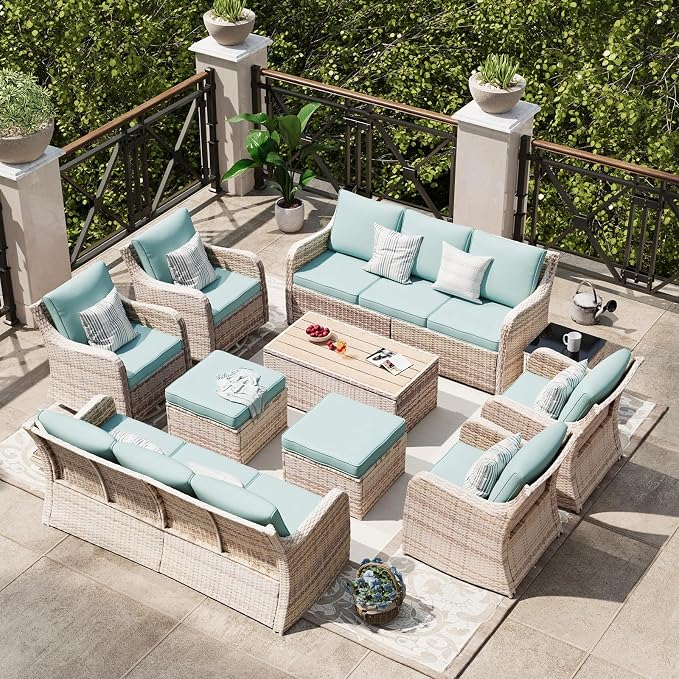 MEISSALIVVE Outdoor Patio Furniture Set with Swivel Chair, 10 Pieces Patio Conversation Set, Patio Sectional Furniture Set with 2 Three-seat Sofa, 2 Fixed Single Chair and Coffee Table (Blue)