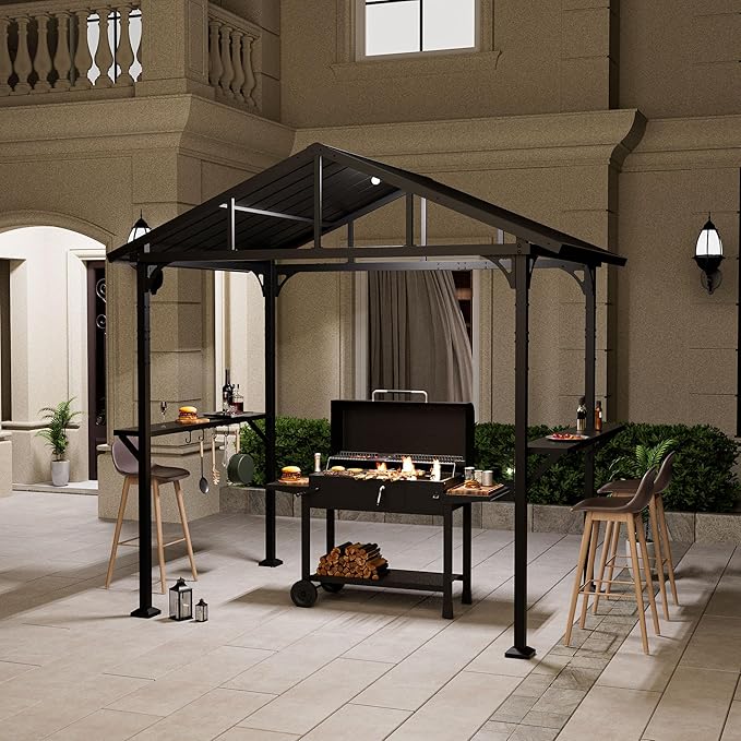 ALAULM 8'x 5' Hardtop Grill Gazebo, Outdoor BBQ Gazebo Metal Roof Canopy with 2 Metal Side Shelves & 5 Tool Hooks for Patio, Garden, Backyard, Poolside (Dark)