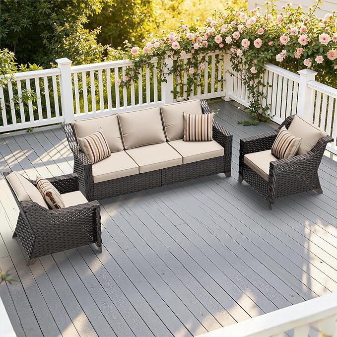 3 Pieces Patio Conversation Furniture Set - 1 Sofa, 2 Armchairs, Outdoor Wicker Furniture with Removable Cushions for Porch, Balcony, Sunroom (Beige)