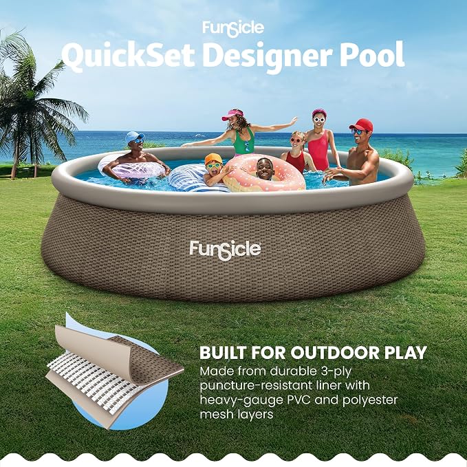 Funsicle Quickset Designer 14' x 36" Round Above Ground Swimming Pool, with FiltraBoost 800 GPH Filter Pump, Ladder, Type D Filter Cartridge & Repair Patch, Triple Basketweave