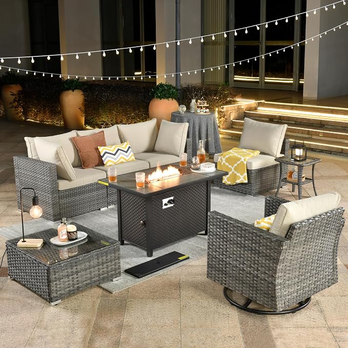 Weaxty 8 Piece Outdoor Sectional with Fire Pit Table, All Weather Wicker Patio Furniture Set with Swivel Rocker Chair Coffee Table, Thick Cushion Couch Conversation Sets for Garden Deck Backyard Beige