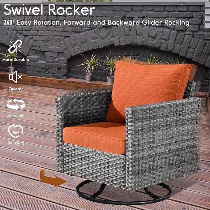 HOOOWOOO Wicker Patio Conversation Sets,8 Piece Outdoor Furniture Set with Swivel Rocking Chairs,All Weather Resistant Modern Outside Out Door Rattan Couch Chairs Side Table Set,Orange Red