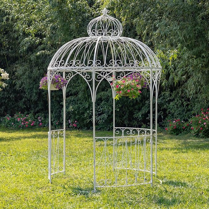 Large Round Metal Garden Gazebo with 3 Entries and Side Walls (Antique White)