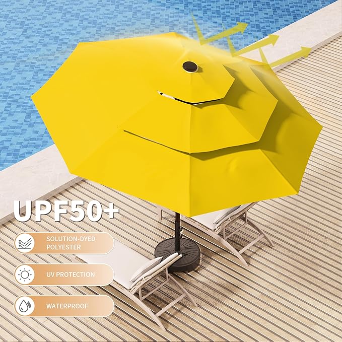 Ayge 9FT 3-Tier Large Outdoor Patio Umbrella Market Table Umbrella-UV Resistant,Easy Push Button Tilt and Crank,8 Sturdy Fiberglass Ribs Heavy-Duty Pool Umbrella for Deck,Backyard,Garden,Yard,Yellow