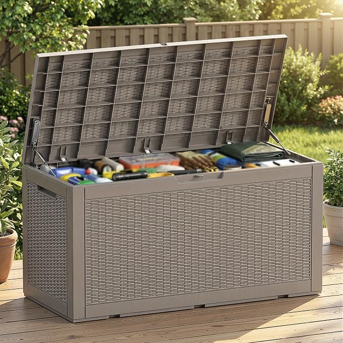 110 Gallon Outdoor Deck Storage Box, Weatherproof Rattan Weave Lockable Storage Bin for Backyard, Pool & Patio Large Outdoor Equipment Storage (Grey,110GAL-1)