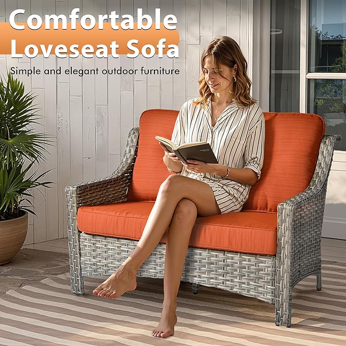 Outdoor Patio Furniture Sets, 5 PCS Patio Conversation Set Outside Rattan Sofa with 54 in Fire Pit Table Comfy Cushions Fit Backyard Porch Garden Poolside Balcony,Coarse Stripes Red