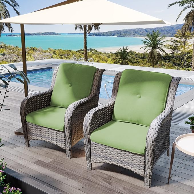 Outdoor Wicker Chair Rattan Patio Dining Chairs Set of 6 PE Wicker Patio Chairs with 4 inch Seat Cushions Patio Seating Chair for Garden, Backyard Swimming Pool, Balcony, Green