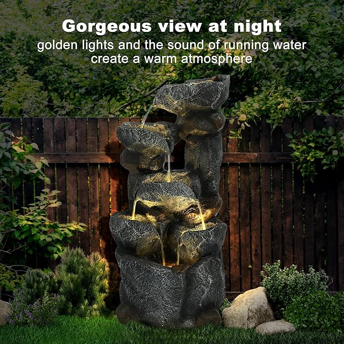 6-Tiers Cascading Outdoor Water Fountain with 6 LED Lights, Garden Fountain with Waterfalls for Home Garden, Patio, Porch and Backyard Art Decor, Natural Stone, Soothing Sound, Gray