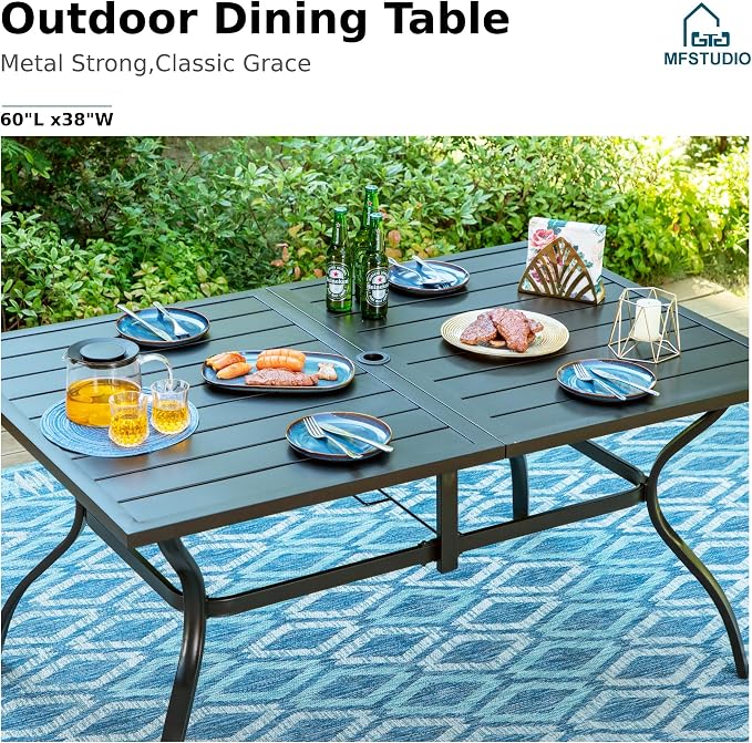 MFSTUDIO Outdoor Patio Dining Set for 6, Patio Dining Set with Umbrella, Outdoor Table and Chairs for 6, Patio Rectangular Metal Dining Table with Swivel Chairs, 8 Pieces Outdoor Furniture Set, Beige