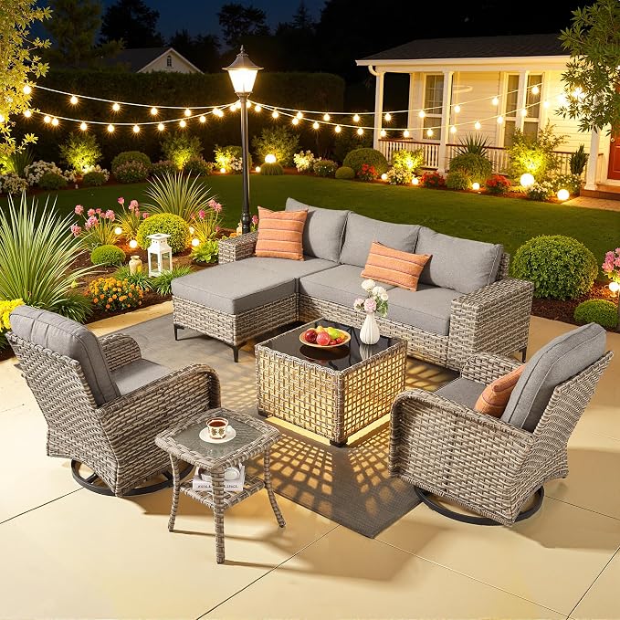 8 Pcs Patio Outdoor Furniture Set - All Weather Wicker Outdoor Sectional Sofa Couch with Swivel Rocking Chairs and Coffee Table,Patio Modular Rattan Conversation Set for Garden Deck Yard,Dark Grey