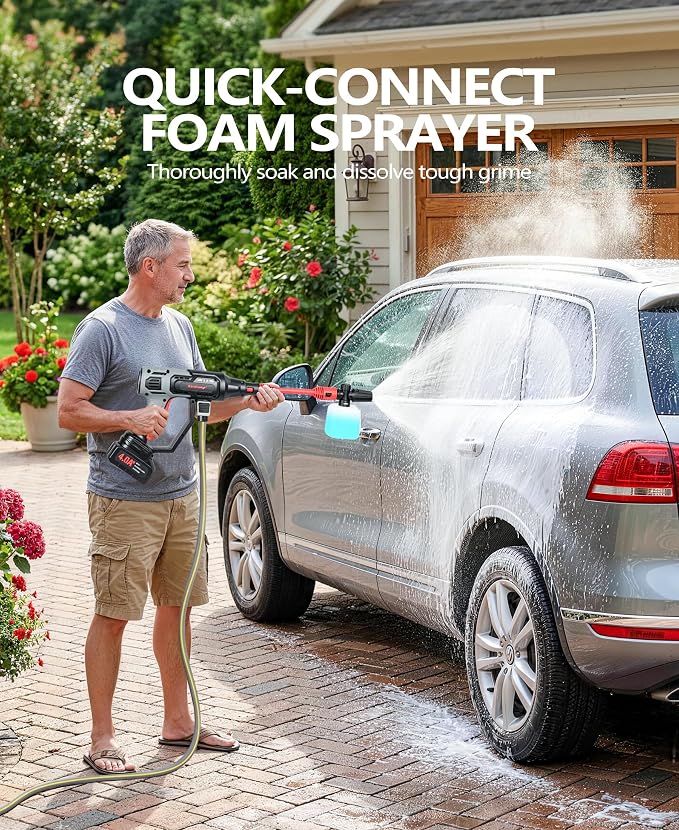 KimPump Cordless Car Washer with 6-in-1 Nozzle, Portable Vehicle Cleaning Tool with Copper Brushless Motor | LCD Touch Panel 4 Adjustable Levels | Weighted Filter | Spray Tool for Car, Garden, Home