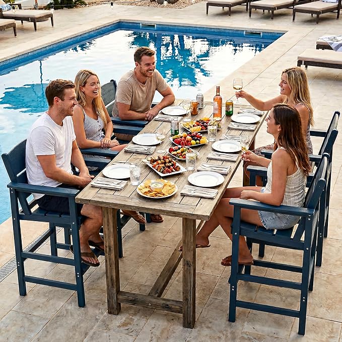 HDPE Outdoor Bar Height Chairs Set of 6, 28.5" Seat All-Weather High Top Patio Stools with Backrest, Heavy Duty Commercial Grade Deck Seating for Backyard Party/Pool/Balcony, Wood Texture Blue