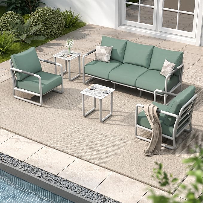 MBY Outdoor Aluminum Patio Furniture Set, 5-Seats Patio Conversation Sofa Set with 2 Coffee Tables and 6.7" Thickened Cushions, All Weather for Pool, Balcony, Garden-White