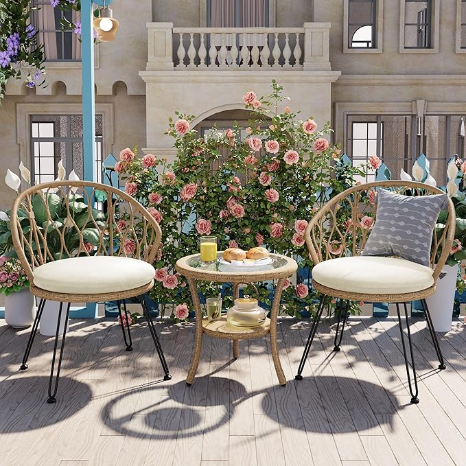 Montary 3 - Piece Outdoor Leisure Set,2 Stylish Hand - Woven Rattan Single Chairs & a Sturdy Tempered Glass Round Table - Ideal for Relaxing on Balconies and Courtyards,Natural & Beige