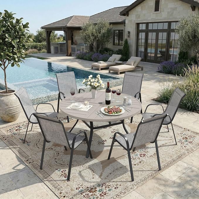 DIFY 7 Piece Outdoor Dining Set, 48" Grey Wood-Like Round Metal Dining Table and Grey Textilene Stackable Patio Chairs, Patio Table and Chairs Set for 6 with Umbrella Hole for Backyard Garden Deck