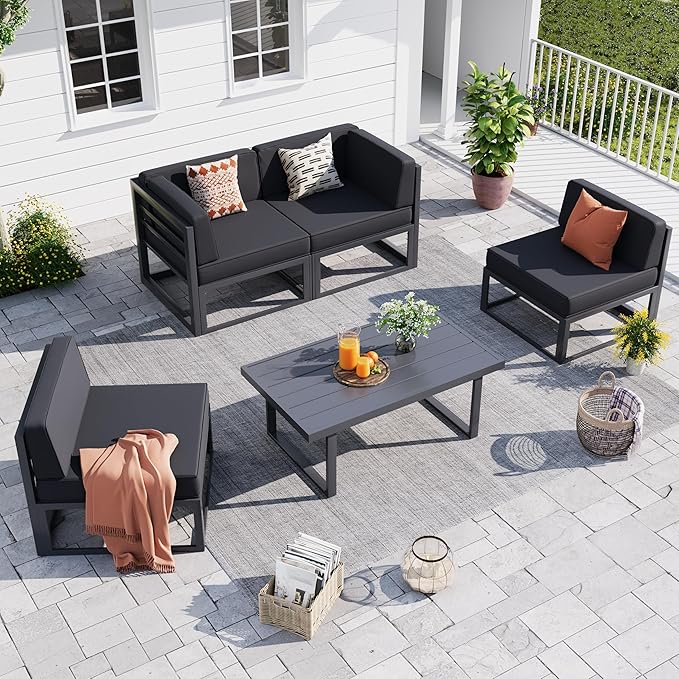 UDPATIO Aluminum Patio Furniture Set, Modular Oversized Outdoor Sectional of Olefin 5 inch Thick Cushion, Coffee Table and Waterproof Cover, Patio Conversation Sets for Porch, Deck