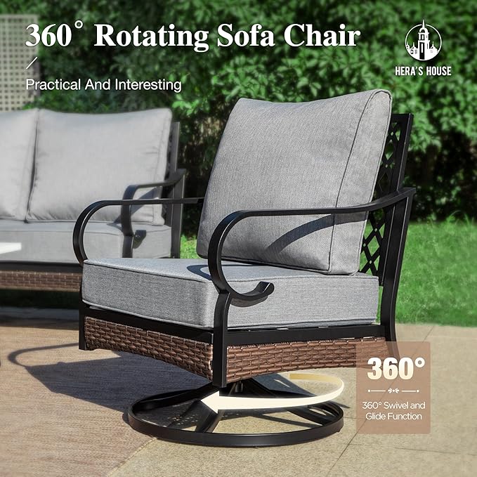 HERA'S HOUSE 5 Piece Metal Patio Furniture Set, 7 Seats All Weather Outdoor Conversation Set, 3 Seat Sofa with Loveseat, 2 Swivel Chairs, Coffee Table for Backyard, Garden, Deck, Grey