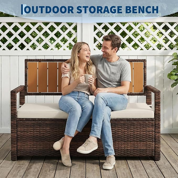 75 Gallon Outdoor Storage Bench with Cushion, 2-Seater PE Rattan Patio Storage Box with Backrest & Armrests, Weatherproof Lockable Deck Box for Garden, Balcony, Porch, Pool, Yard, Dark Brown