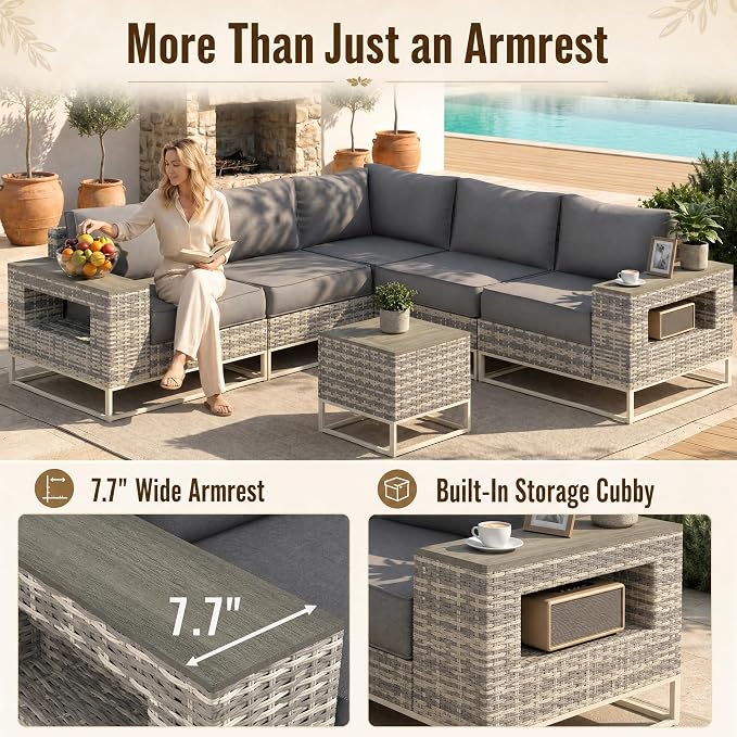 12-Piece Outdoor Patio Furniture Set, Modern PE Wicker Outdoor Sectional Sofa with Storage Armrests & 5.5" Thick Cushions, L-Shaped Couch for Deck, Porch, Backyard, Charcoal Gray
