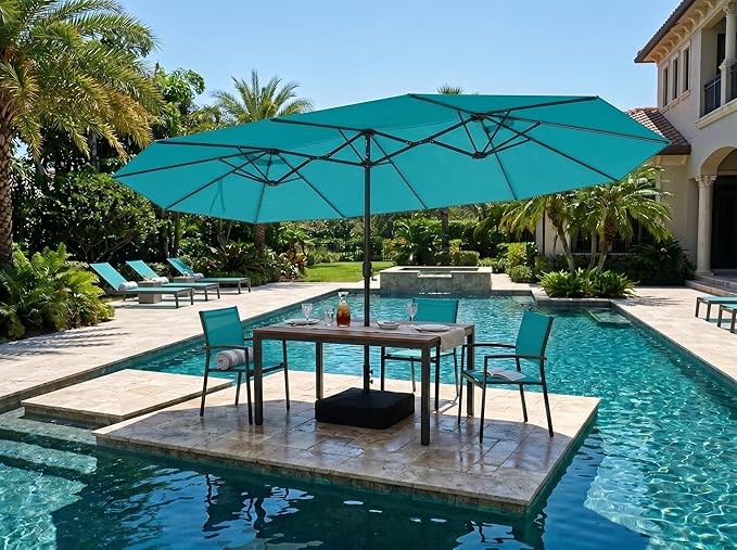 PURPLE LEAF 15ft Patio Market Umbrella with Base Double-Sided Rectangle Outdoor Table Sun Umbrellas with Crank 12 Heavy Duty Sturdy Ribs for Pool Beach Deck Backyard Turquoise Blue