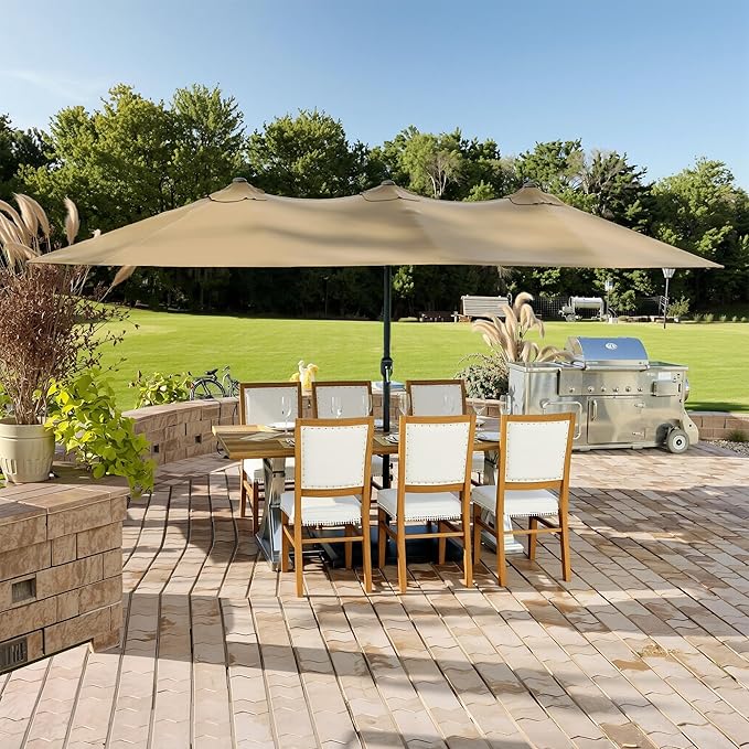 15ft Outdoor Patio Umbrella with Base Included, Double-sided Pool Umbrella with Crank Handle, Large Umbrella for Garden, Backyard (Tan)