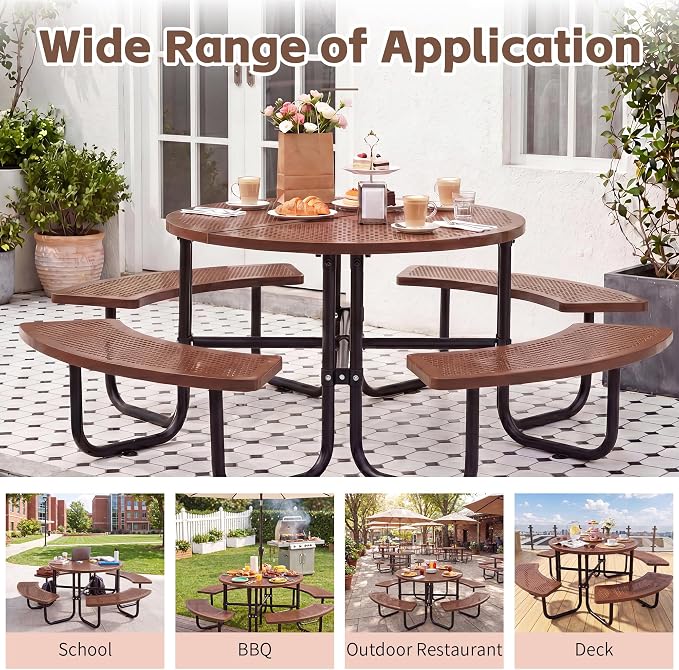 46" Outdoor Round Perforated Picnic Table Metal Camping Table with Umbrella Hole - Heavy Duty Steel Mesh Picnic Bench Set for Backyard Garden Deck, Brown