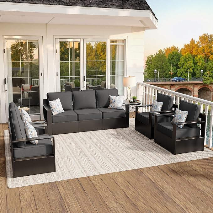 Aluminum Outdoor Conversation Furniture Set - All Weather Patio 79" Sofa with 4 Armchairs, 6" Water-Resistant Cushions & Furniture Covers & Metal Armrest for Deck Porch (Grey)