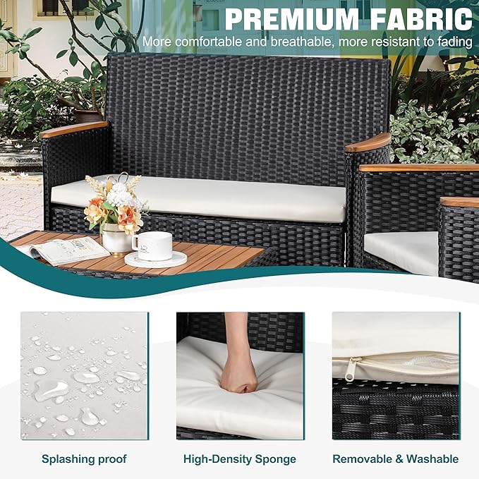 4-Piece Outdoor Patio Furniture Set, PE Wicker Conversation Kit with Wood-Look Armrests & Coffee Table, Weather-Resistant Seating for Porch, Balcony & Small Backyard, Beige Washable Cushions, Beige