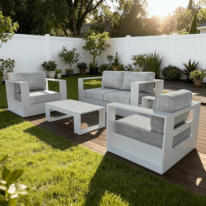 4 Pieces Patio Furniture Set with Coffee Table, Metal Modern Conversation Set with Deep Seating and Widened Aluminum Frame for Deck, Porch, Garden