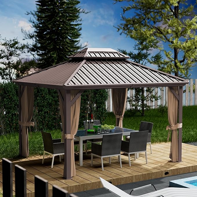 Kozyard Caesar 10'x12' Hardtop Gazebo - Permanent Metal Pavilion with Netting and Shaded Curtains for Patio, Backyard, and Deck - Galvanized Steel Outdoor Aluminum Canopy, Double Roof Gazebo (Brown)