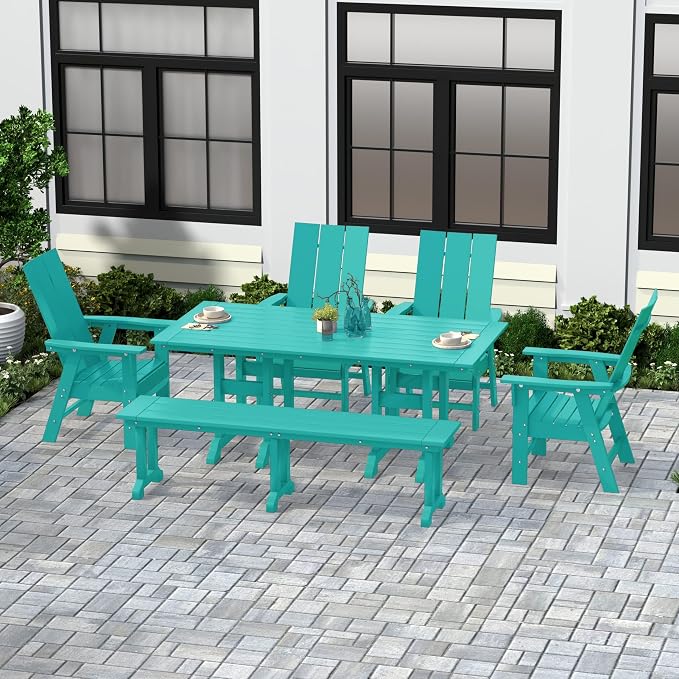 WestinTrends Ashore 6 Pieces Adirondack Patio Dining Set with Bench, All Weather Poly Lumber Slatted Outdoor Furniture Set, 71" Trestle Table and 4 Adirondack Chair and Outdoor Bench, Turquoise