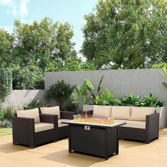 Rattan Star Outdoor Furniture Sets Patio Couch Outdoor Chairs 50000 BTU Propane Fire Pit 4 Pcs Patio Furniture Set 45In Fire Pit Table with No-Slip Cushions and Waterproof Covers, Khaki