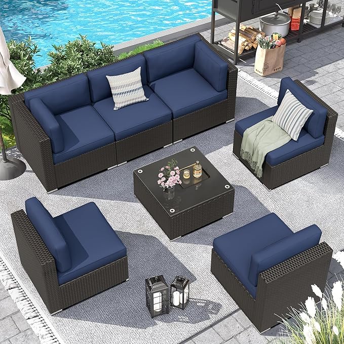 7 Pieces Outdoor Patio Furniture Set, Black Brown Wicker Patio Sectional Sofa Set, Outdoor Couch with Cushion and Tempered Glass Table, Dark Blue