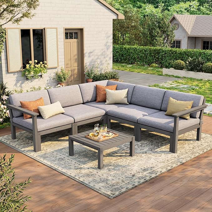 Stoog Patio Furniture Set, 6-Piece All-Weather Outdoor Sectional Sofa Set - Modular & Waterproof HIPS Frame, Quick-Dry Olefin Cushions, Grey