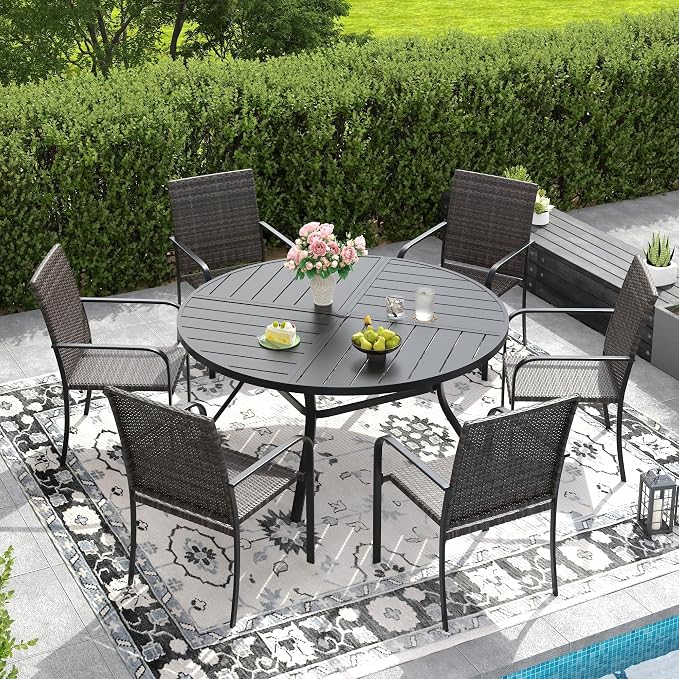 DIFY 7 Piece Outdoor Dining Set for 6, 50" Black Round Metal Dining Table with Umbrella Hole and Stackable Wicker Patio Chairs, All-Weather Patio Table and Chairs Set for Deck Garden Backyard