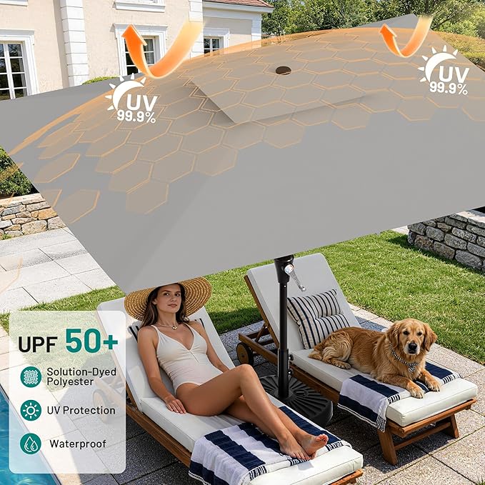 AreShark 8'x10' 2 Tiers Rectangular Patio Umbrella - Outdoor Umbrella Waterproof UV Protection, Market Table Umbrella w/Crank for Pool, Backyard, Deck(Light Gray)