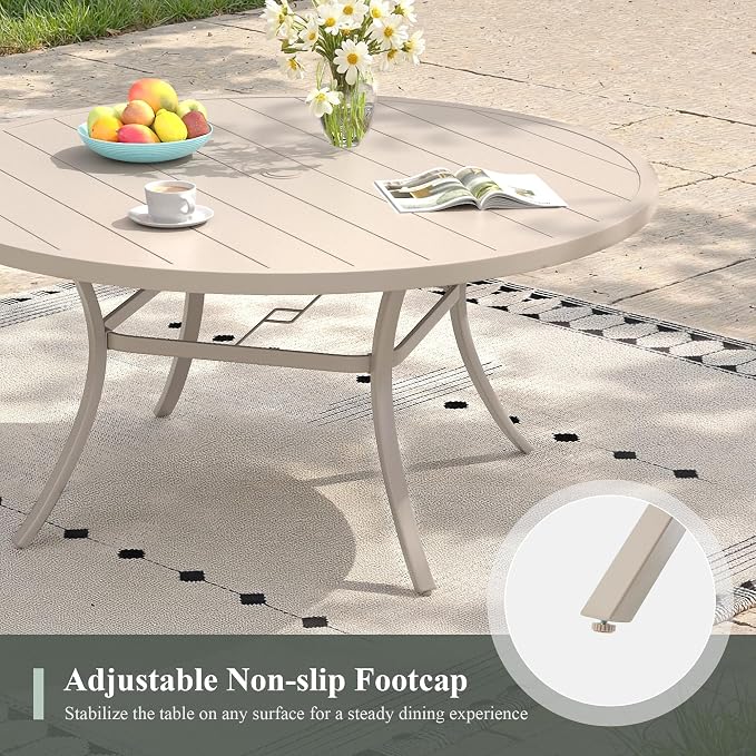 Outdoor Dining Set for 6, 50" Outdoor Dining Table with Umbrella Hole and Padded Textilene Patio Swivel Chairs, 7 Pieces Patio Table and Chairs Set for Garden Backyard, Sandshell
