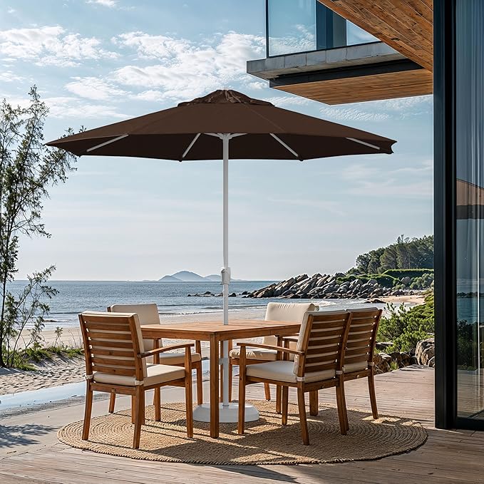 California Umbrella 10-Year Protection 9 Ft Outdoor Patio Umbrella, Pacifica Fade-Resistant Fabric, Auto-Tilt, Heavy Duty Aluminum Frame, 8 Reinforced Ribs for Pool or Deck, White Pole, Mocha