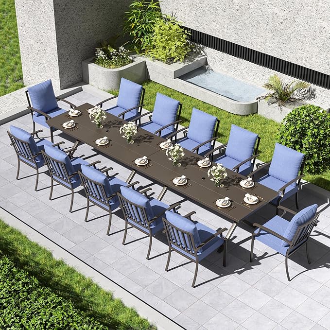 Kullavik 14 Pieces Outdoor Dining Set,Patio Dining Table and Chairs Set for 12,Fence Pattern Back Chairs with Thickened Cushions & Rectangular Metal Dining Table with Umbrella Hole for Patio,Navy Blue