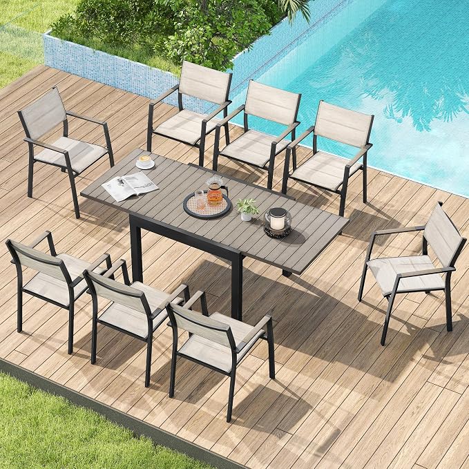 9 Piece Outdoor Dining Set, Expandable Outdoor Patio Dining Table Set for 6-8 Person, Aluminum Outdoor Table and 8 Chairs with Textilene Fabric & Armrest for Patio, Garden, Lawn, Deck(Grey)