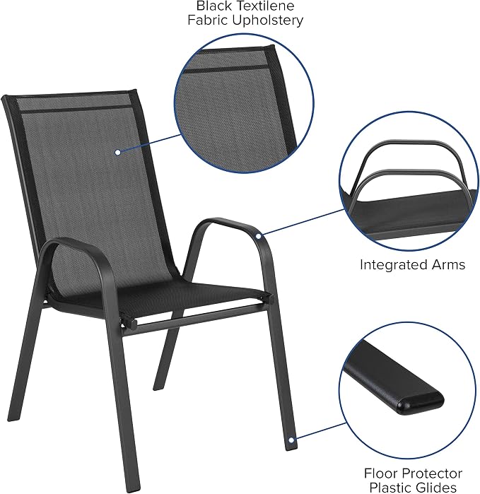 Flash Furniture Brazos Series 5-Piece Glass Patio Table and Chairs Set, Outdoor Patio Dining Set with Square Table and 4 Sling Patio Chairs, Black