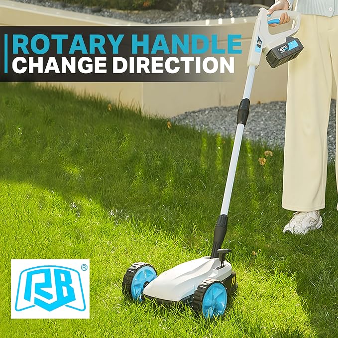RB 40V 9" Mini Cordless Lawn Mower with Battery & Charger for Small Yards | Ultra-light with brushless motor. 3 cutting heights. One-hand steering. Upright storage for tiny spaces, small lawns, patios.