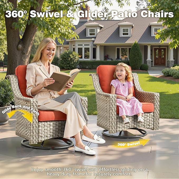 6-Piece Patio Furniture Set, Outdoor Conversation Set Sectional Sofa with Rocking Chairs and Water Resistant Cushions, Red