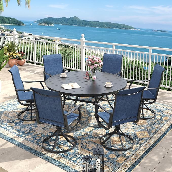 Outdoor Dining Set for 6, 50" Metal Round Outdoor Dining Table with Umbrella Hole and Sling Patio Swivel Chairs, 7 Pieces Patio Table and Chairs Set for Garden Backyard, Dark Blue and Black
