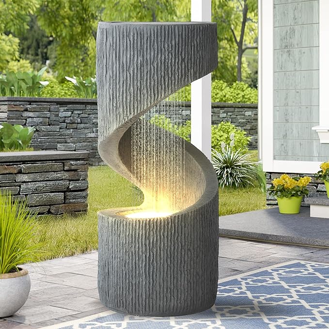31.9" S-Shaped Outdoor/Indoor Water Fountain, Modern Curved Waterfall Feature with LED Lights, Floor-Standing Resin Spiral Garden Fountains Outdoor with Flat Top for Plant Display