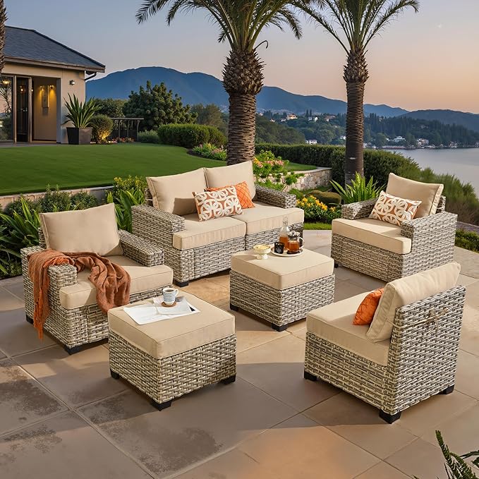 ovios 7 Piece Patio Sectional Furniture, Rattan Wicker Coversation Couch Set, Outdoor Sofa Set for Outside Porch Balcony Backyard Pool,Beige