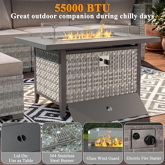 10 Piece Wicker Patio Furniture Set with 55,000 BTU Fire Pit Table, Swivel Rocking Chairs, 4''Cushions, PE Rattan, Wind Guard Glass, for Backyard, Deck or Balcony, Beige
